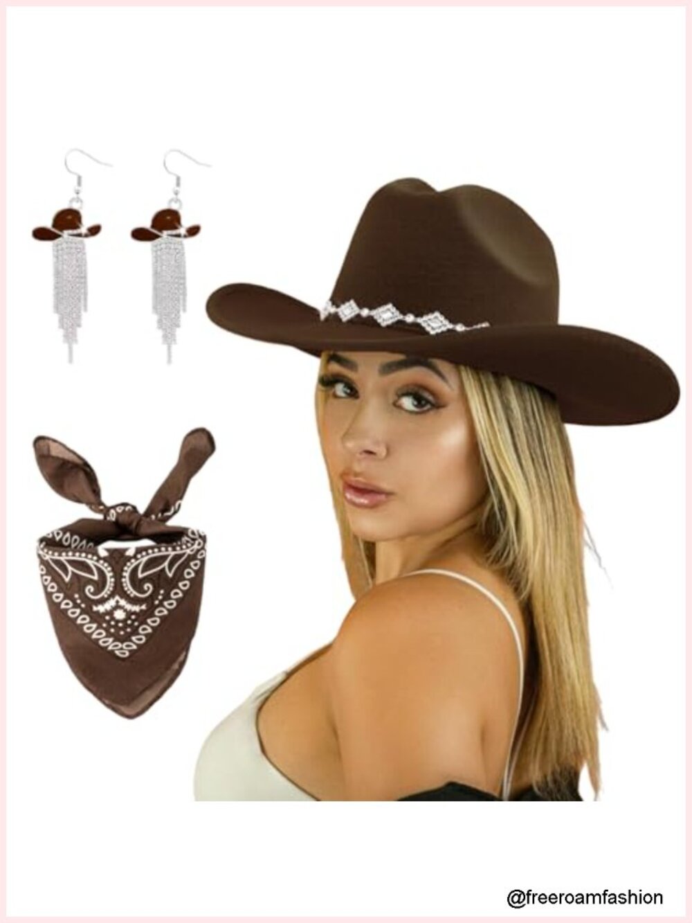 Western Cowgirl Hat Wide Brim Rhinestone Felt Cowboy Hat with Bandana and - Picture 1 of 6